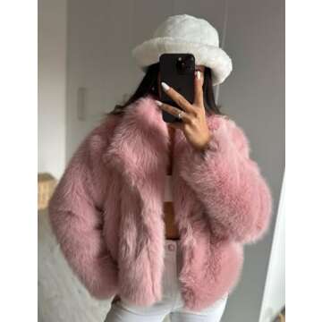 Flygo Women's Faux Fur Coat Fluffy Faux Fur Jacket Long Sleeve Lapel Furry Winter Jackets Shaggy Parka Short Coat(Pink-XL)