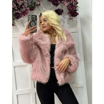 Flygo Women's Faux Fur Coat Fluffy Faux Fur Jacket Long Sleeve Lapel Furry Winter Jackets Shaggy Parka Short Coat(Pink-XL)