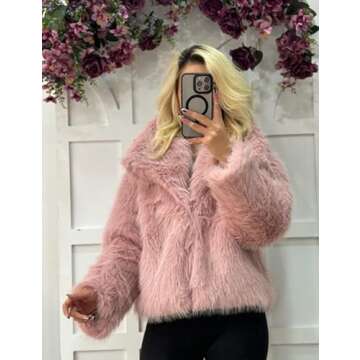 Flygo Women's Faux Fur Coat Fluffy Faux Fur Jacket Long Sleeve Lapel Furry Winter Jackets Shaggy Parka Short Coat(Pink-XL)