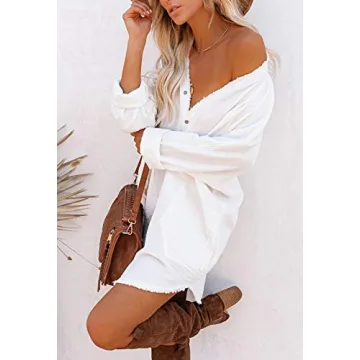 HAPCOPE Women's Long Sleeve Mini Dress Swimsuit Cover Ups Button Down Beach Shirt Dresses White XL