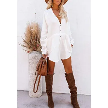 HAPCOPE Women's Long Sleeve Mini Dress Swimsuit Cover Ups Button Down Beach Shirt Dresses White XL