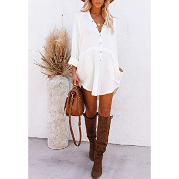 HAPCOPE Women's Long Sleeve Mini Dress Swimsuit Cover Ups Button Down Beach Shirt Dresses White XL