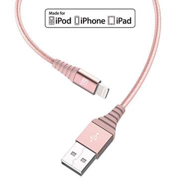 LAX Durable Braided [Apple MFi Certified] Fast Charger iPhone Lightning Cable, iPhone Cord Compatible with iPhone 14/13 /12/11 Pro Max/XS MAX/XR/XS/X/8/7/6S/6/SE/5S/iPad, iPod & More - (6FT-Rose Gold)
