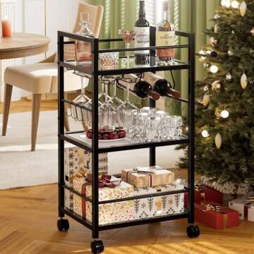 Bar Cart, Serving Cart for Home, Microwave Cart, Drink Cart, Mobile Kitchen Shelf with Wine Rack and...