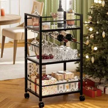 Bar Cart, Serving Cart for Home, Microwave Cart, Drink Cart, Mobile Kitchen Shelf with Wine Rack and...