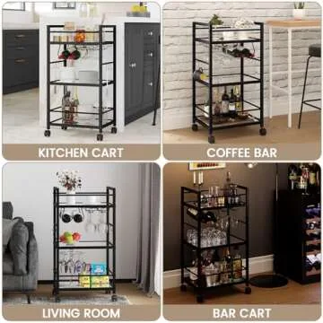 Bar Cart, Serving Cart for Home, Microwave Cart, Drink Cart, Mobile Kitchen Shelf with Wine Rack and Glass Holder, Rolling Beverage Cart for Dining Room, Black
