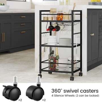 Bar Cart, Serving Cart for Home, Microwave Cart, Drink Cart, Mobile Kitchen Shelf with Wine Rack and Glass Holder, Rolling Beverage Cart for Dining Room, Black