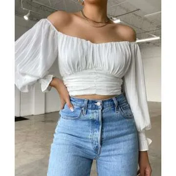 MIRACMODA Woman Off Shoulder Ruched Tie Back Lantern Sleeve Crop Tube Top Chiffon Blouse