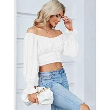 MIRACMODA Woman Off Shoulder Ruched Tie Back Lantern Sleeve Crop Tube Top Chiffon Blouse