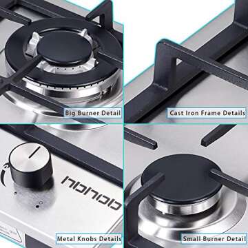 Gas Cooktop 2 Burners, Gas Stove, 12 Inches Portable Stainless Steel Built-in Gas Hob LPG/NG Dual Fuel Easy to Clean for RVs, Apartments, Outdoor