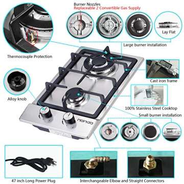 Gas Cooktop 2 Burners, Gas Stove, 12 Inches Portable Stainless Steel Built-in Gas Hob LPG/NG Dual Fuel Easy to Clean for RVs, Apartments, Outdoor