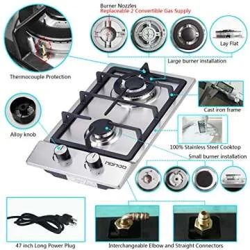 Gas Cooktop 2 Burners, Gas Stove, 12 Inches Portable Stainless Steel Built-in Gas Hob LPG/NG Dual Fuel Easy to Clean for RVs, Apartments, Outdoor