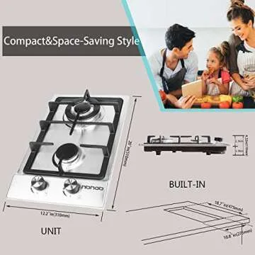 Gas Cooktop 2 Burners, Gas Stove, 12 Inches Portable Stainless Steel Built-in Gas Hob LPG/NG Dual Fuel Easy to Clean for RVs, Apartments, Outdoor
