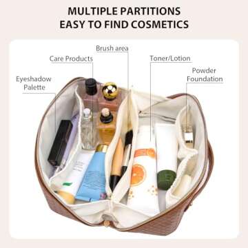 VERNASSA Large Capacity Travel Cosmetic Bag, Toiletry Bag, Women Portable Makeup Bag Opens Flat for Easy Access, PU Leather Waterproof Travel Cosmetic Bag with Handle and Divider