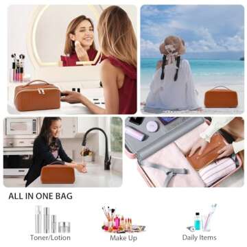 VERNASSA Large Capacity Travel Cosmetic Bag, Toiletry Bag, Women Portable Makeup Bag Opens Flat for Easy Access, PU Leather Waterproof Travel Cosmetic Bag with Handle and Divider