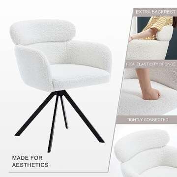 Zesthouse Modern Office Desk Chair No Wheels, White Vanity Chair for Girls Women, Upholstered Sherpa Fabric Dining Chair Barrel Accent Swivel Chair with Extra Backrest for Living Room Bedroom