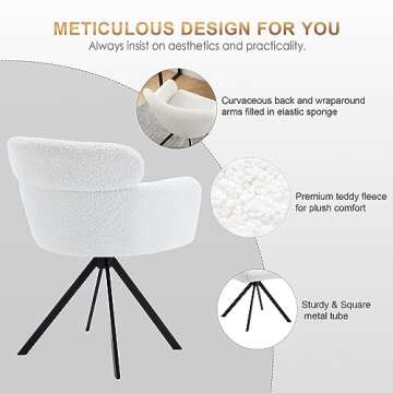 Zesthouse Modern Office Desk Chair No Wheels, White Vanity Chair for Girls Women, Upholstered Sherpa Fabric Dining Chair Barrel Accent Swivel Chair with Extra Backrest for Living Room Bedroom
