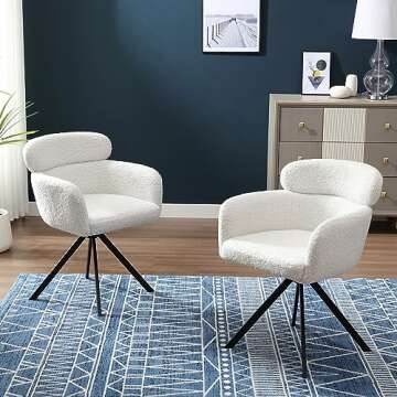 Zesthouse Modern Office Desk Chair No Wheels, White Vanity Chair for Girls Women, Upholstered Sherpa Fabric Dining Chair Barrel Accent Swivel Chair with Extra Backrest for Living Room Bedroom