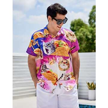 Tuonroad Casual Galaxy Cat Hawaiian Shirt - Button Down Aloha Luau Attire, Short Sleeve Purple