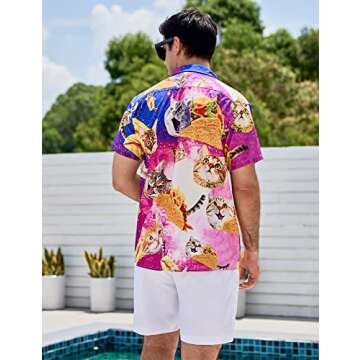 Tuonroad Casual Galaxy Cat Hawaiian Shirt - Button Down Aloha Luau Attire, Short Sleeve Purple