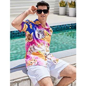 Tuonroad Casual Galaxy Cat Hawaiian Shirt - Button Down Aloha Luau Attire, Short Sleeve Purple