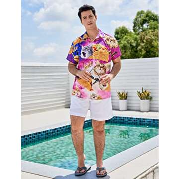 Tuonroad Casual Galaxy Cat Hawaiian Shirt - Button Down Aloha Luau Attire, Short Sleeve Purple