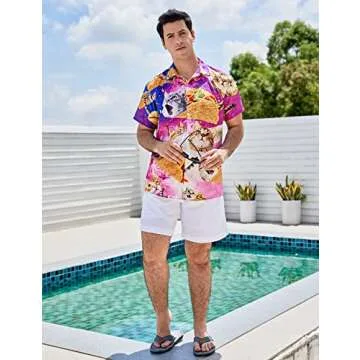 Tuonroad Casual Galaxy Cat Hawaiian Shirt - Button Down Aloha Luau Attire, Short Sleeve Purple