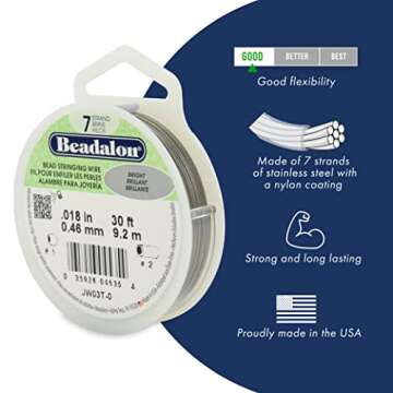Beadalon 7 Strand Stainless Steel Bead Stringing Wire, 0.018 in / 0.46 mm, Bright, 100 ft / 31 m