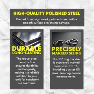 SE 13-Inch Polished Steel Ring Mandrel - Marked 1 to 16 US Sizes, Ungrooved, with Knurled Handle for...