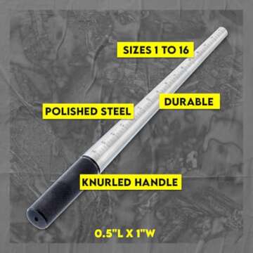 SE 13-Inch Polished Steel Ring Mandrel - Marked 1 to 16 US Sizes, Ungrooved, with Knurled Handle for Jewelry Making and Sizing - JT-SP2
