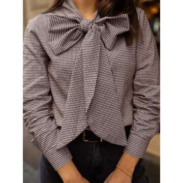 Cicy Bell Womens Plaid Shirts Bow Tied Neck Button Down Long Sleeve Casual Dressy Blouse Tops Brown