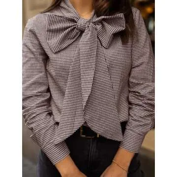 Cicy Bell Womens Plaid Shirts Bow Tied Neck Button Down Long Sleeve Casual Dressy Blouse Tops Brown