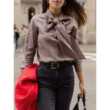 Cicy Bell Womens Plaid Shirts Bow Tied Neck Button Down Long Sleeve Casual Dressy Blouse Tops Brown