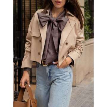 Cicy Bell Womens Plaid Shirts Bow Tied Neck Button Down Long Sleeve Casual Dressy Blouse Tops Brown