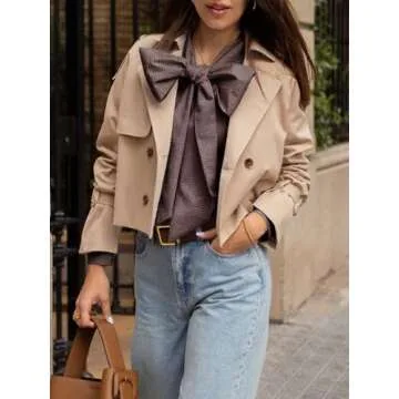 Cicy Bell Womens Plaid Shirts Bow Tied Neck Button Down Long Sleeve Casual Dressy Blouse Tops Brown
