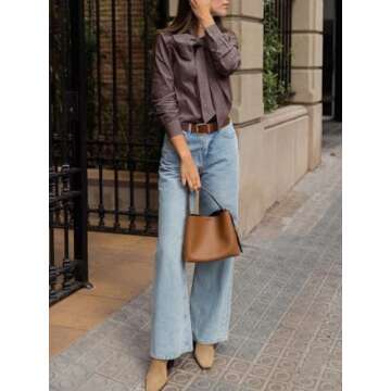 Cicy Bell Womens Plaid Shirts Bow Tied Neck Button Down Long Sleeve Casual Dressy Blouse Tops Brown