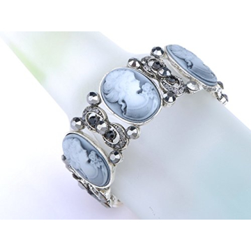 Alilang Stretchy Antique Silvery Tone Clear Crystal Rhinestones Victorian Cameo Lady Bangle Bracelet