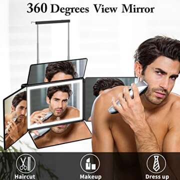 UHdod 5 Way Mirror for Hair Cutting with LED Light, 360° Barber Mirrors with Adjustable Height Brac...