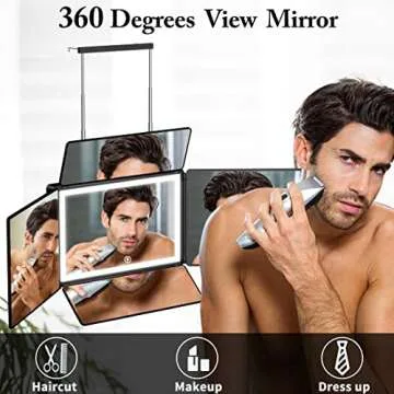 UHdod 5 Way Mirror for Hair Cutting with LED Light, 360° Barber Mirrors with Adjustable Height Brac...