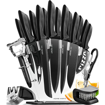 Home Hero Kitchen Knife Set - High Carbon Stainless Steel with Sharpener (20 Pcs - Black)