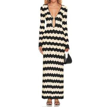 Saodimallsu Womens Crochet Summer Maxi Dress Striped Sexy Cut Out V Neck Long Sleeve Knit Cover Up B...