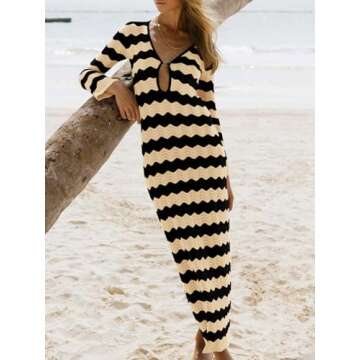 Saodimallsu Womens Crochet Summer Maxi Dress Striped Sexy Cut Out V Neck Long Sleeve Knit Cover Up Beach Dresses Black