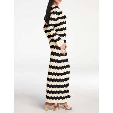 Saodimallsu Womens Crochet Summer Maxi Dress Striped Sexy Cut Out V Neck Long Sleeve Knit Cover Up Beach Dresses Black