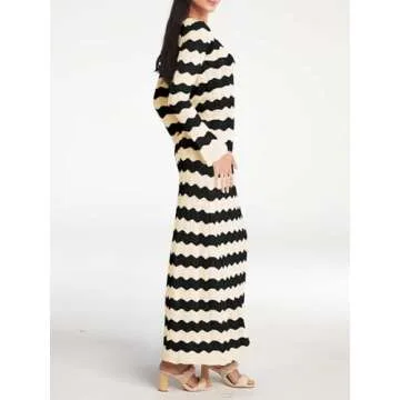 Saodimallsu Womens Crochet Summer Maxi Dress Striped Sexy Cut Out V Neck Long Sleeve Knit Cover Up Beach Dresses Black