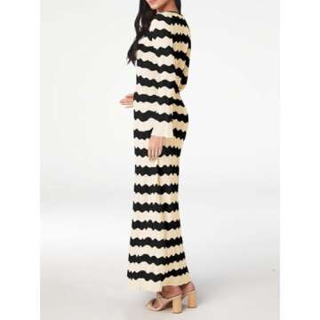 Saodimallsu Womens Crochet Summer Maxi Dress Striped Sexy Cut Out V Neck Long Sleeve Knit Cover Up Beach Dresses Black