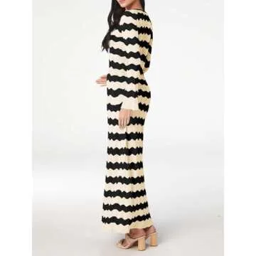 Saodimallsu Womens Crochet Summer Maxi Dress Striped Sexy Cut Out V Neck Long Sleeve Knit Cover Up Beach Dresses Black