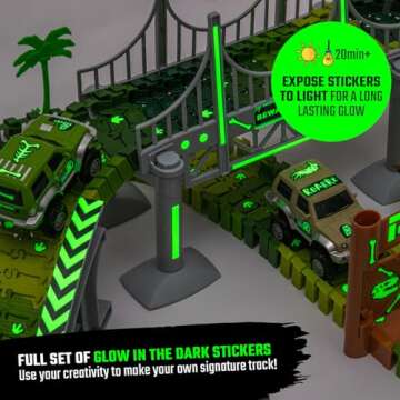 JITTERYGIT Dinosaur Jurassic Race Track Train Glow in The Dark World Toy Set, Kids Dino Racetrack Pa...