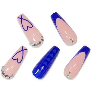 BABALAL Coffin Press on Nails Long Fake Nails Blue French Tip Heart Glue on Nails Rhinestone Balleri...
