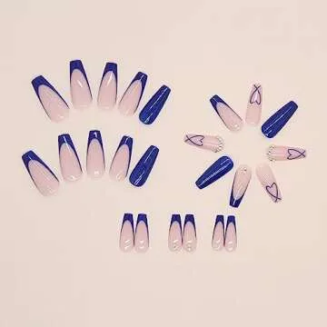 BABALAL Coffin Press on Nails Long Fake Nails Blue French Tip Heart Glue on Nails Rhinestone Ballerina Acrylic Nails for Women and Girls 24Pcs Valentines Nails Press on