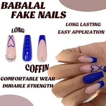BABALAL Coffin Press on Nails Long Fake Nails Blue French Tip Heart Glue on Nails Rhinestone Ballerina Acrylic Nails for Women and Girls 24Pcs Valentines Nails Press on